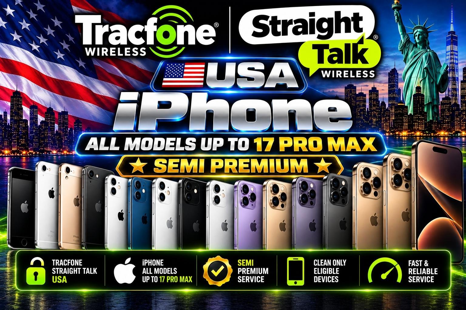 USA Tracfone/StraightTalk - iPhone All Models Upto 17 Pro Max ⭐Semi Premium⭐ Unpaid Bills Supported   ✅