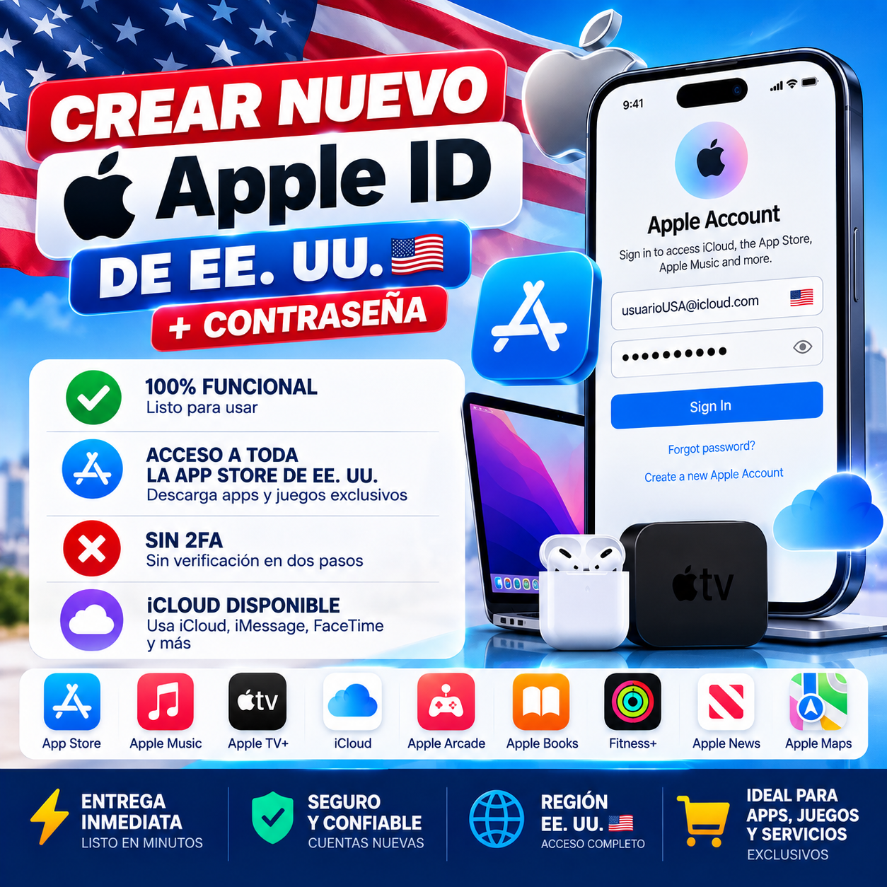 Create New USA Apple ID + Password (Without 2FA) ⚡Real Instant ⚡✅