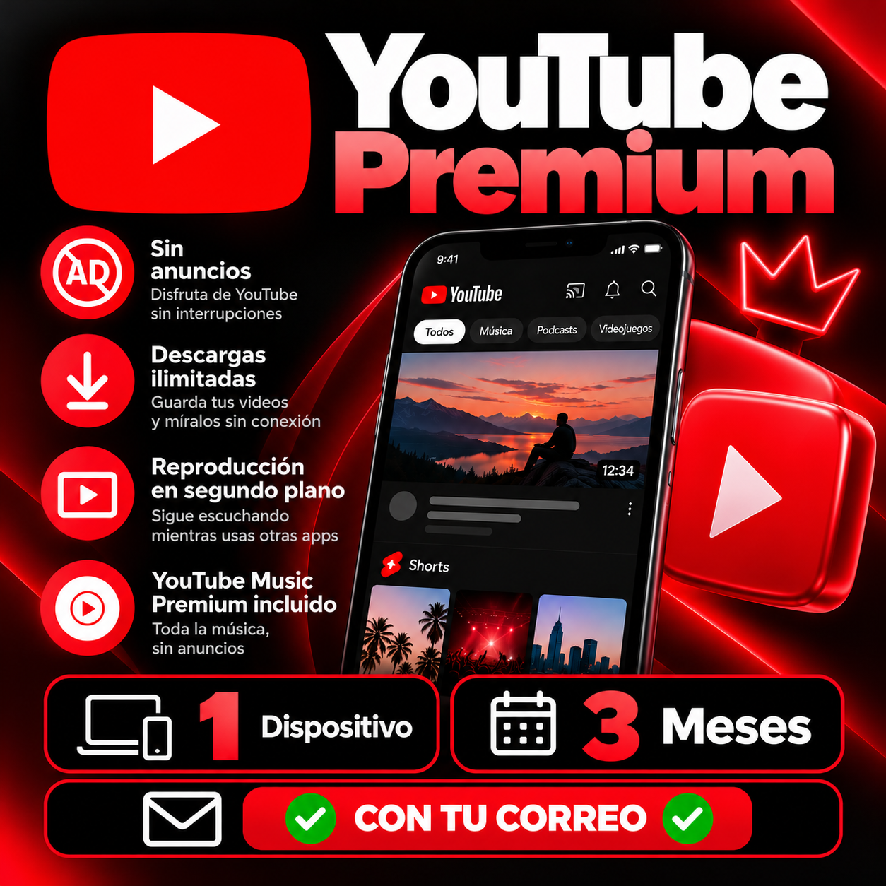 YOUTUBE PREMIUM [1 Dispositivo] [3 Meses] ✅⏺️ CON TU CORREO⏺️✅ 