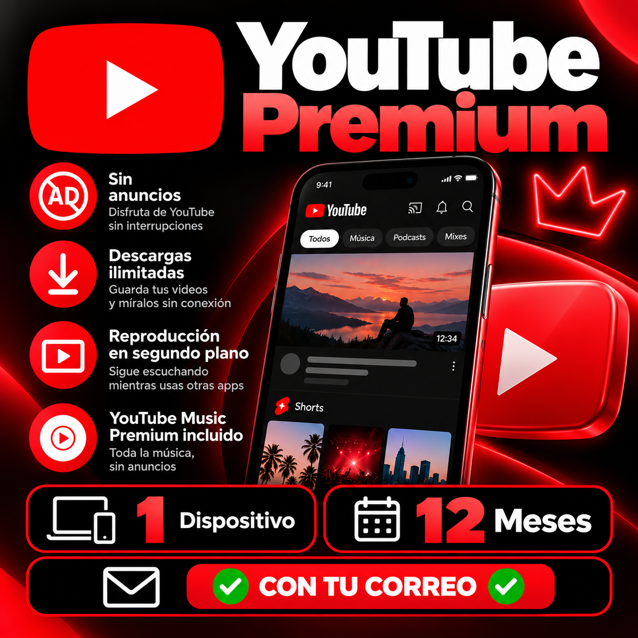 YOUTUBE PREMIUM [1 Dispositivo] [12 Meses] ✅⏺️ CON TU CORREO⏺️✅