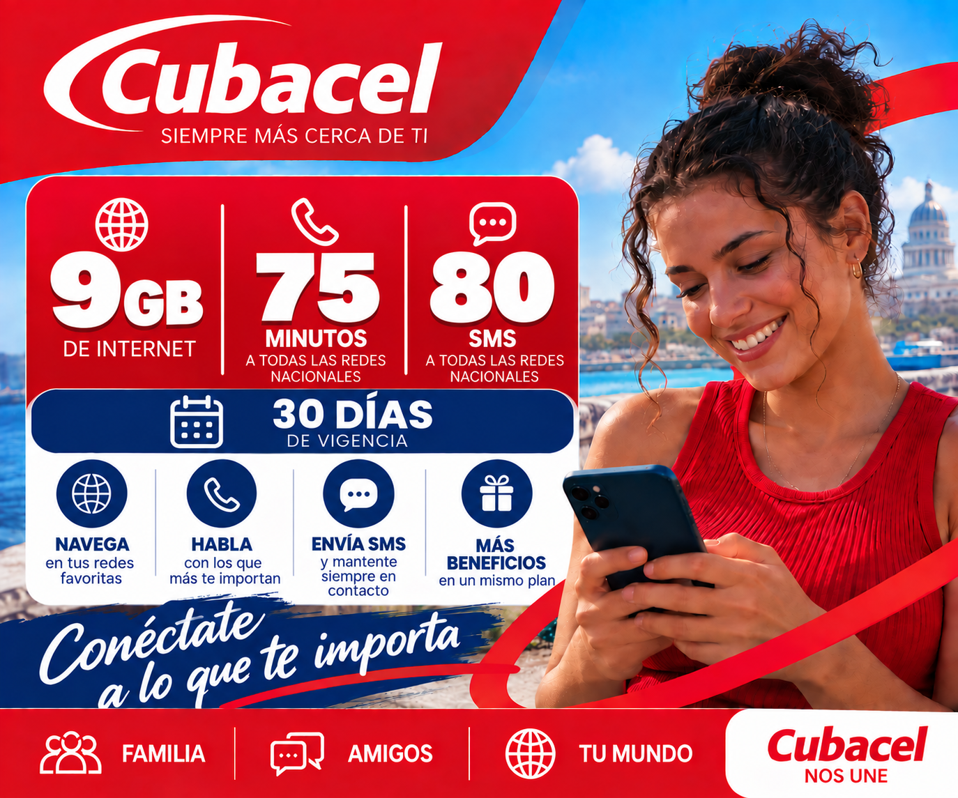 Cubacel 9GB + 75 min + 80 SMS - 30 Dias
