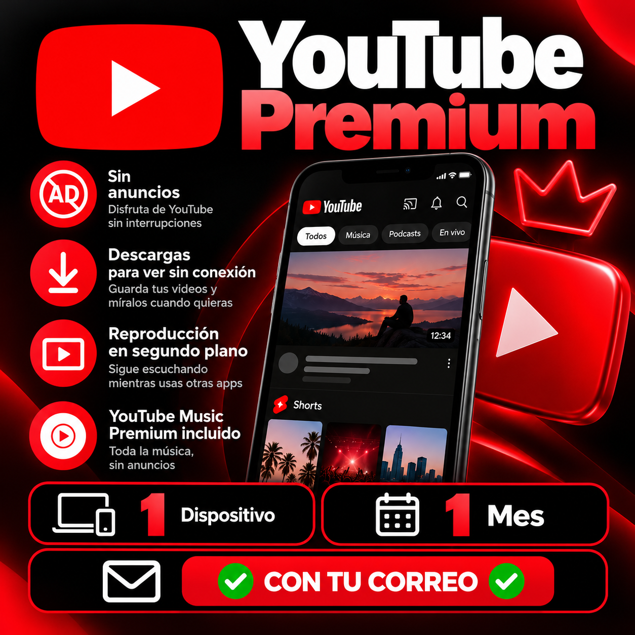 YOUTUBE PREMIUM [1 Dispositivo] [1 Mes]  ✅⏺️ CON TU CORREO⏺️✅ 