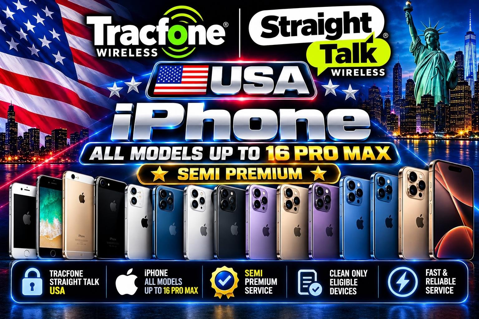 USA Tracfone/StraightTalk - iPhone All Models Upto 16 Pro Max⭐Semi Premium⭐ Unpaid Bills Supported   ✅