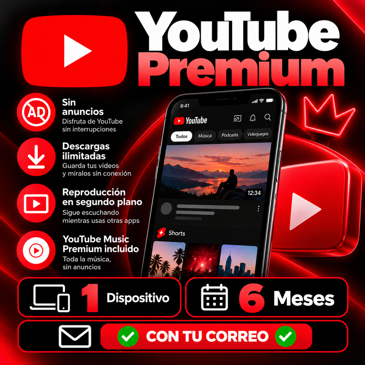 YOUTUBE PREMIUM [1 Dispositivo] [6 Meses] ✅⏺️ CON TU CORREO⏺️✅