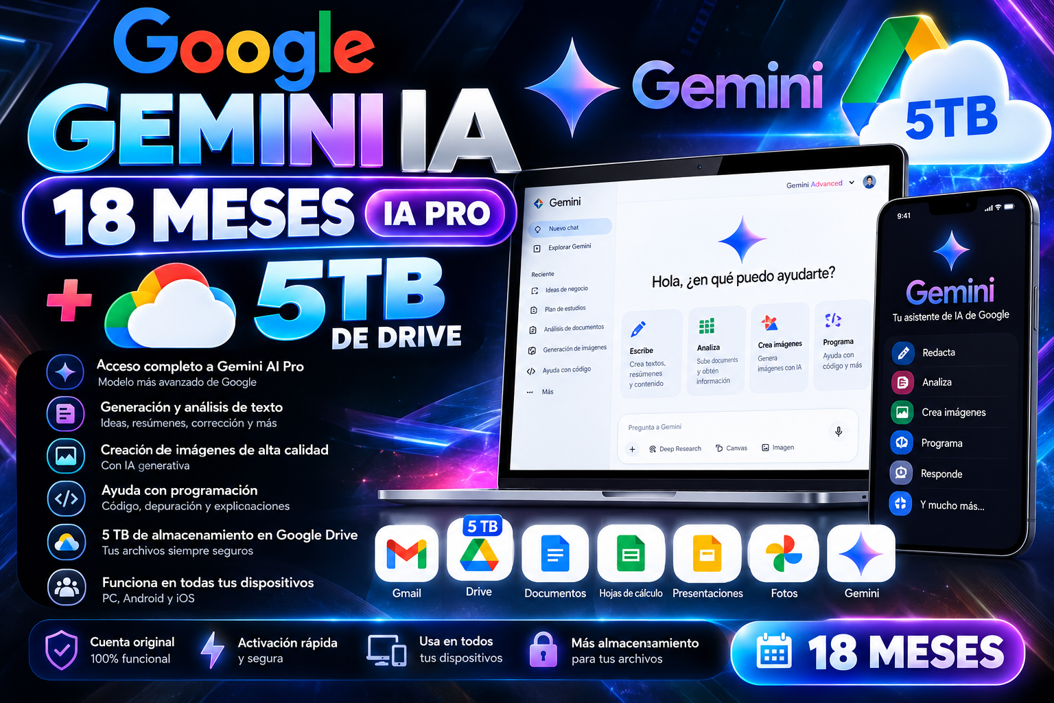 GEMINI IA 18 MESES IA PRO GEMINI PRO Y 5TB DE DRIVE