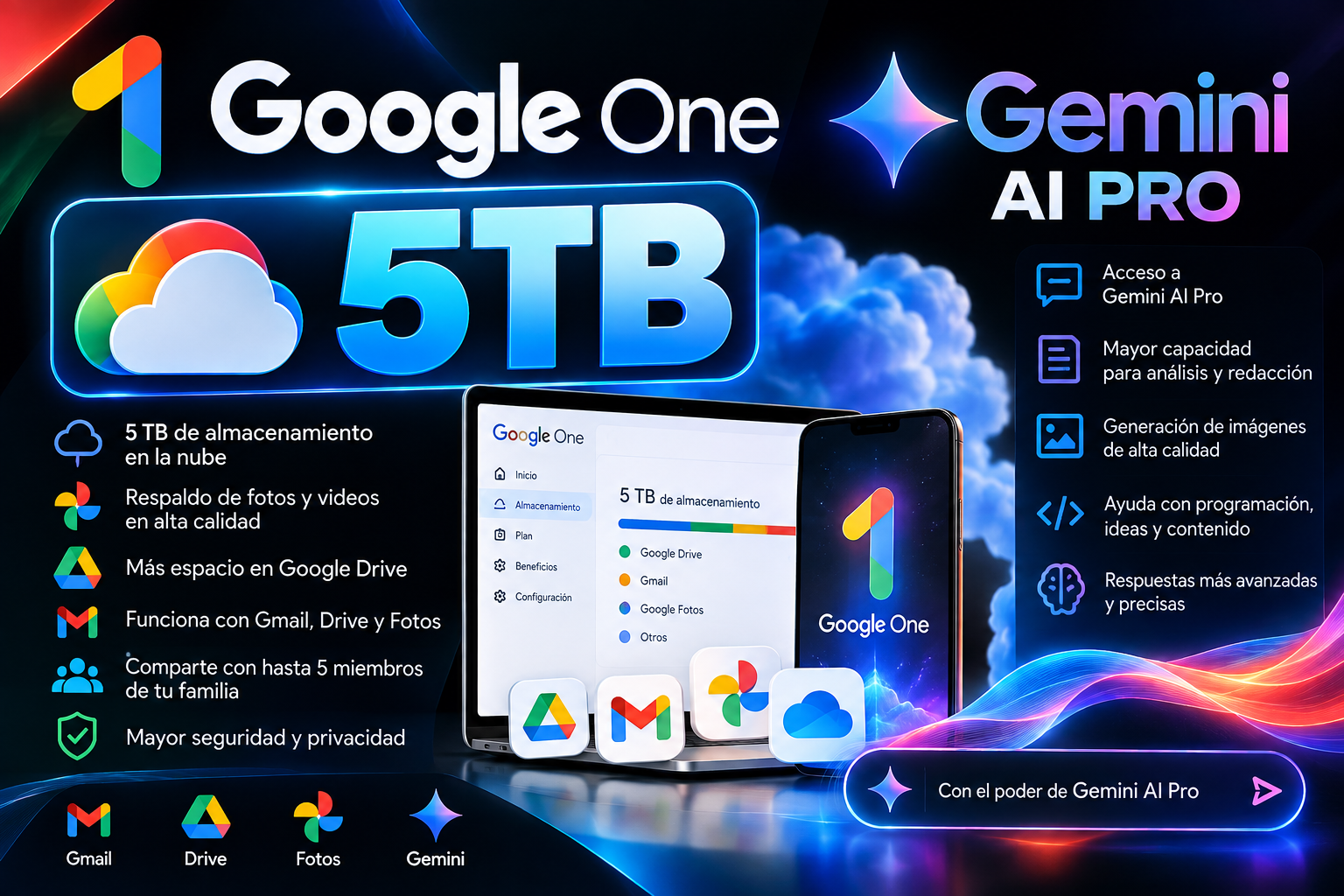 GOOGLE ONE 5TB ☁ ➕ GEMINI AI PRO ❇️ 3 MESES ||| (Se activa con tu misma Cuenta) - Activaciones / Renovaciones ✅