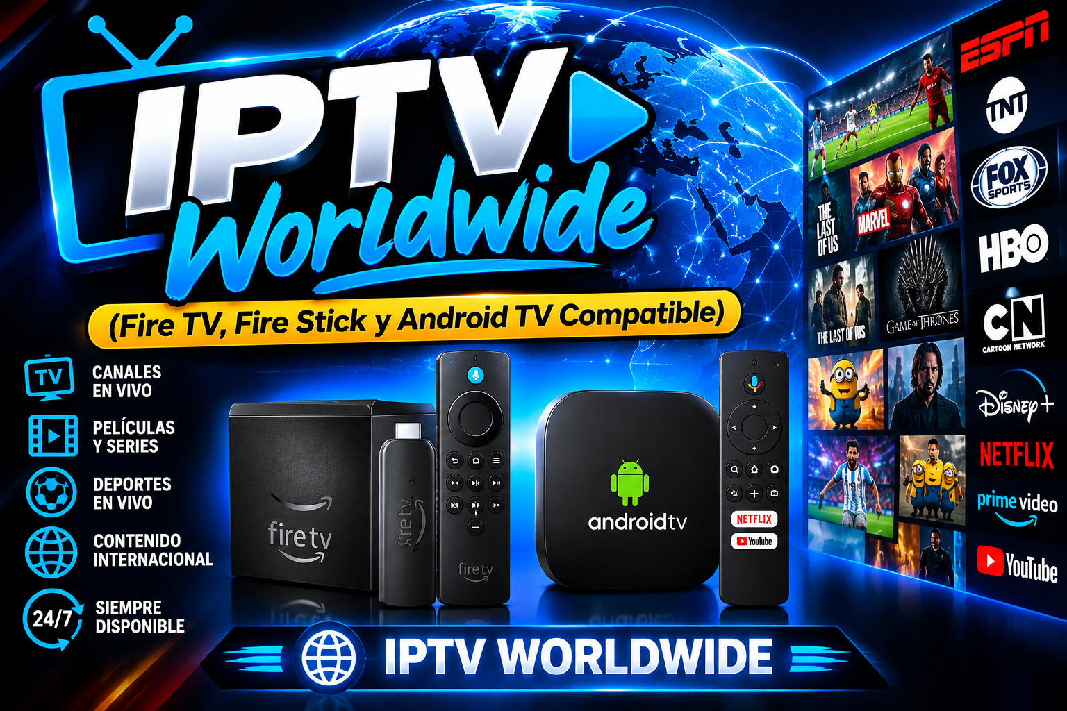 IPTV Worldwide (Fire TV, Fire Stick y Android TV Compatible) - 1 MES DE SUSCRIPCIÓN   Instant ⚡