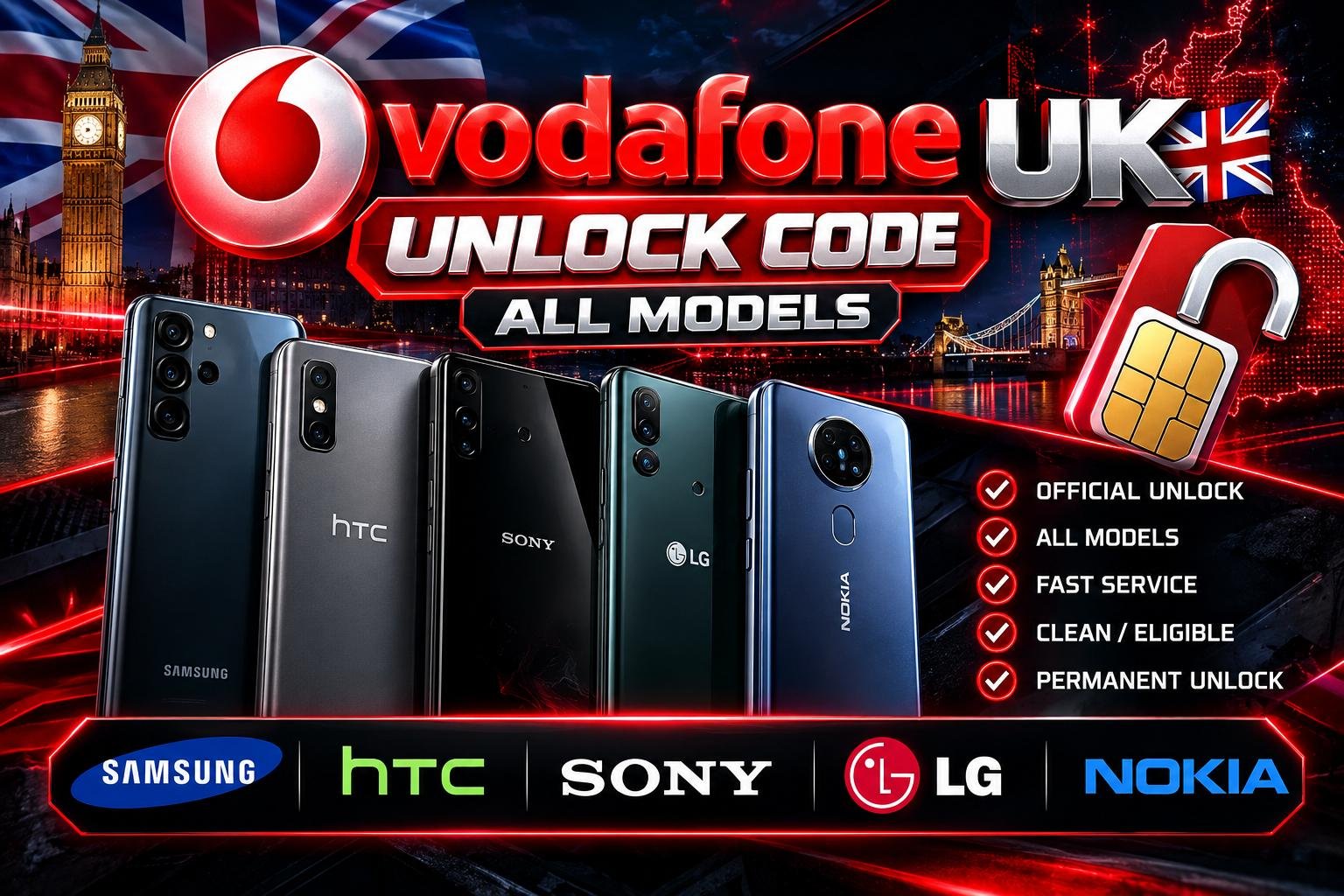 Vodafone UK - Unlock Code all models Samsung, HTC, Sony, LG, Nokia Etc. (without iPhone)