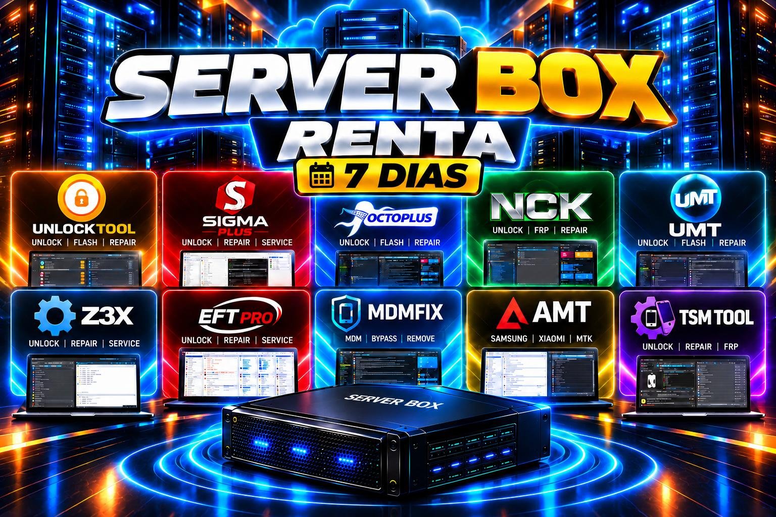 Server Box - Renta [ 7 Dias ] [UNLOCKTOOL /SIGMA / OCTOPLUS / NCK / UMT / Z3X / EFT PRO/ MDMFIX / AMT / TSM TOOL / DFT PRO & Otras .... ] 