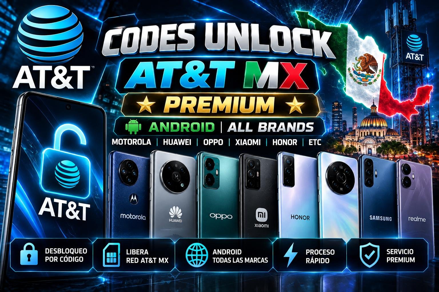 CODES UNLOCK AT&T MX     ⭐ PREMIUM ⭐   |  ANDROID ALL BRANDS -  MOTOROLA | HUAWEI | OPPO | XIAOMI | HONOR ETC.. ✅
