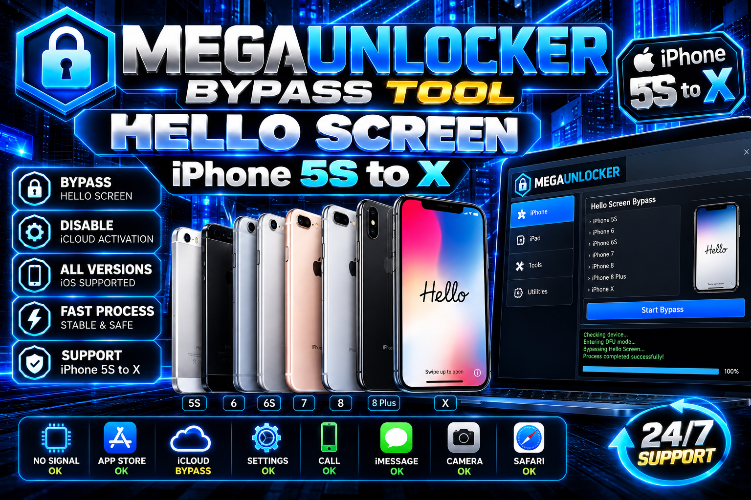 ✪ MegaUnlockerBypass Tool Hello Screen iPhone 5S to X and iPad iOS 12-17.x.x (NO SIGNAL) (WindowsTool)
