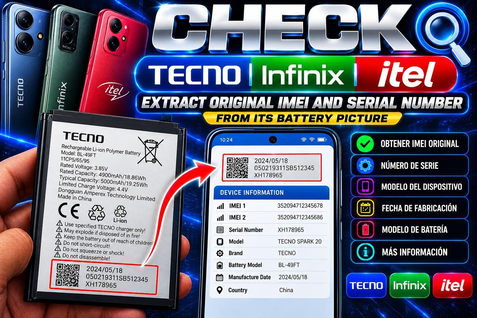 TECNO | INFINIX | ITEL - Extract original IMEI and SERIAL NUMBER from its battery picture